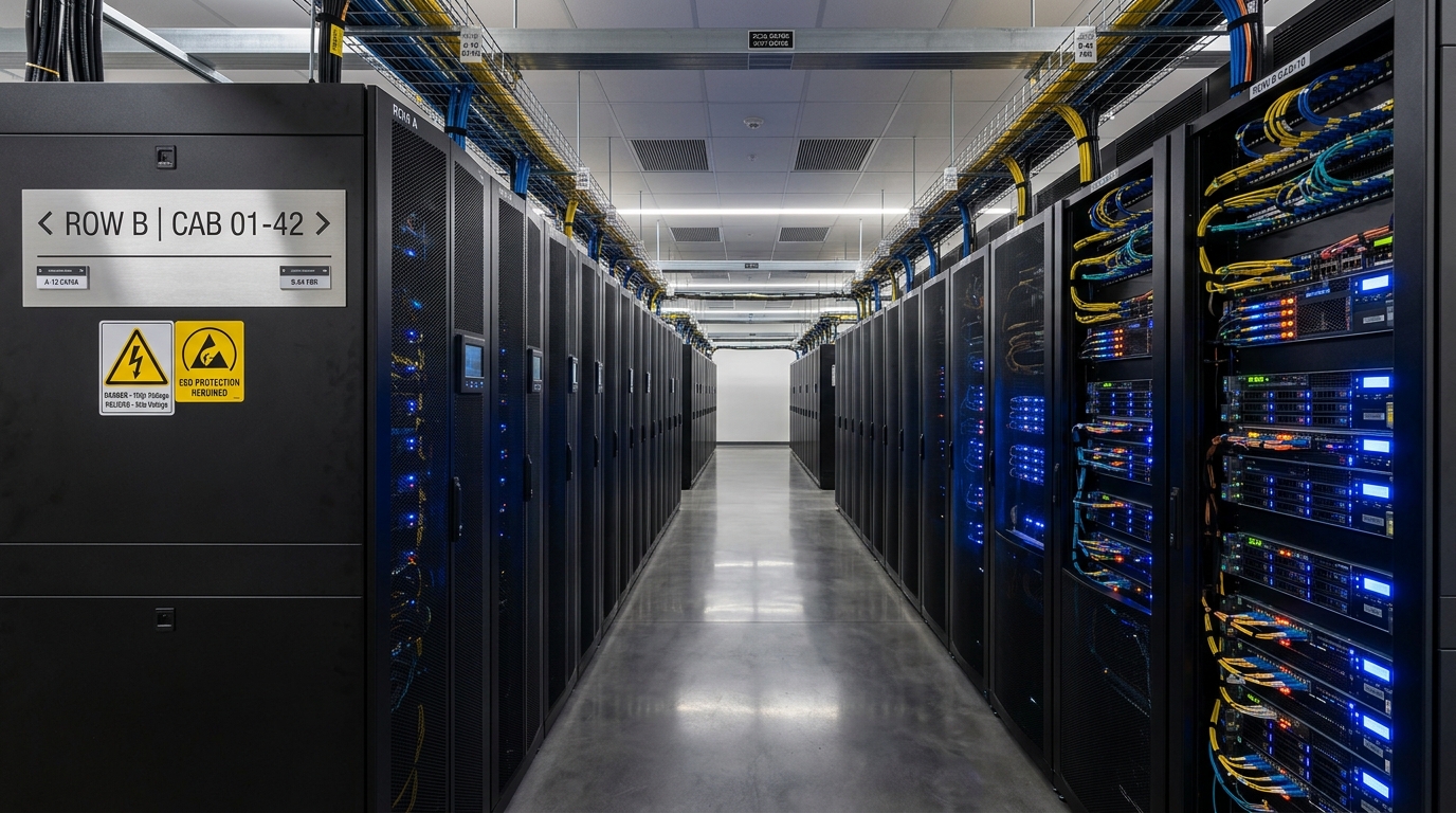 Rows of server cabinets with custom signage and labels inside an active data center